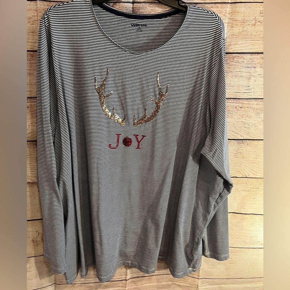 Lands’ End Long Sleeve Christmas Tee Antlers “Joy” Navy White Stripes Size 3X
